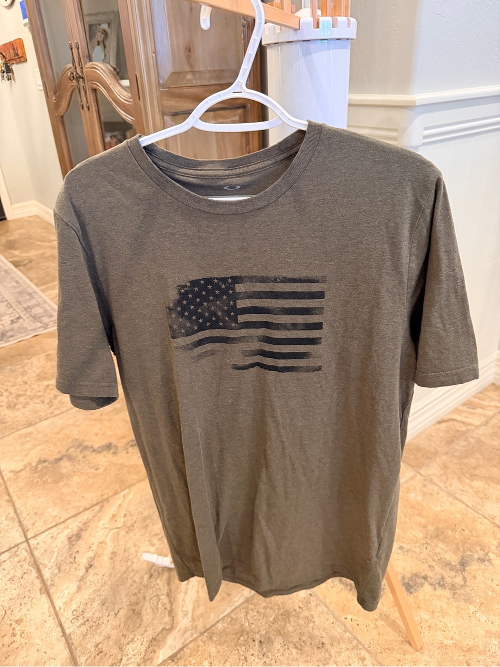 Oakley Olive Green Short-Sleeve Tee with Distressed Black Flag Graphic
